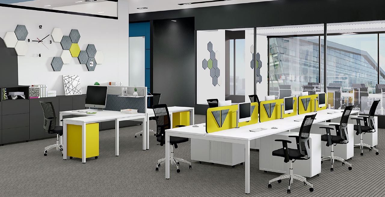 Workstations with partition screens between them